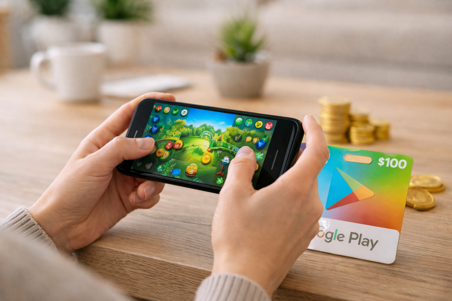 Person playing a mobile game with gift card rewards nearby